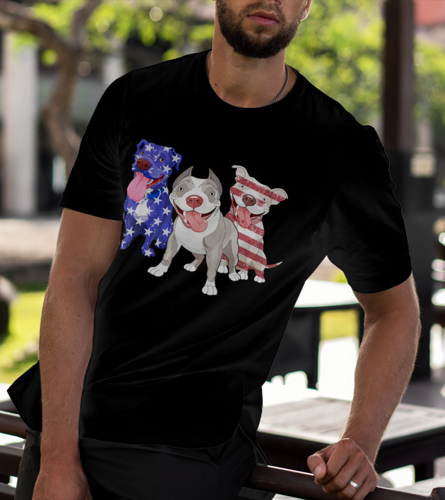 Three Pitbulls American Flag July T-Shirt