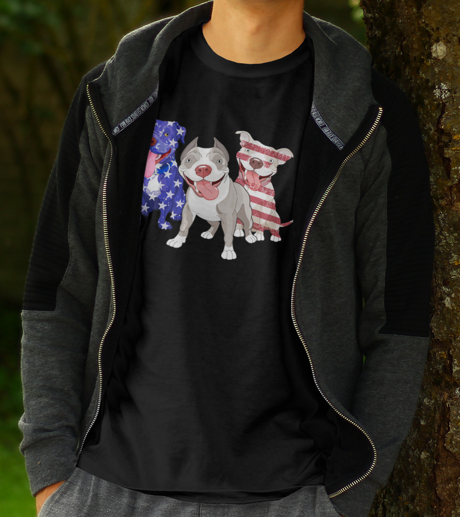 Three Pitbulls American Flag July T-Shirt