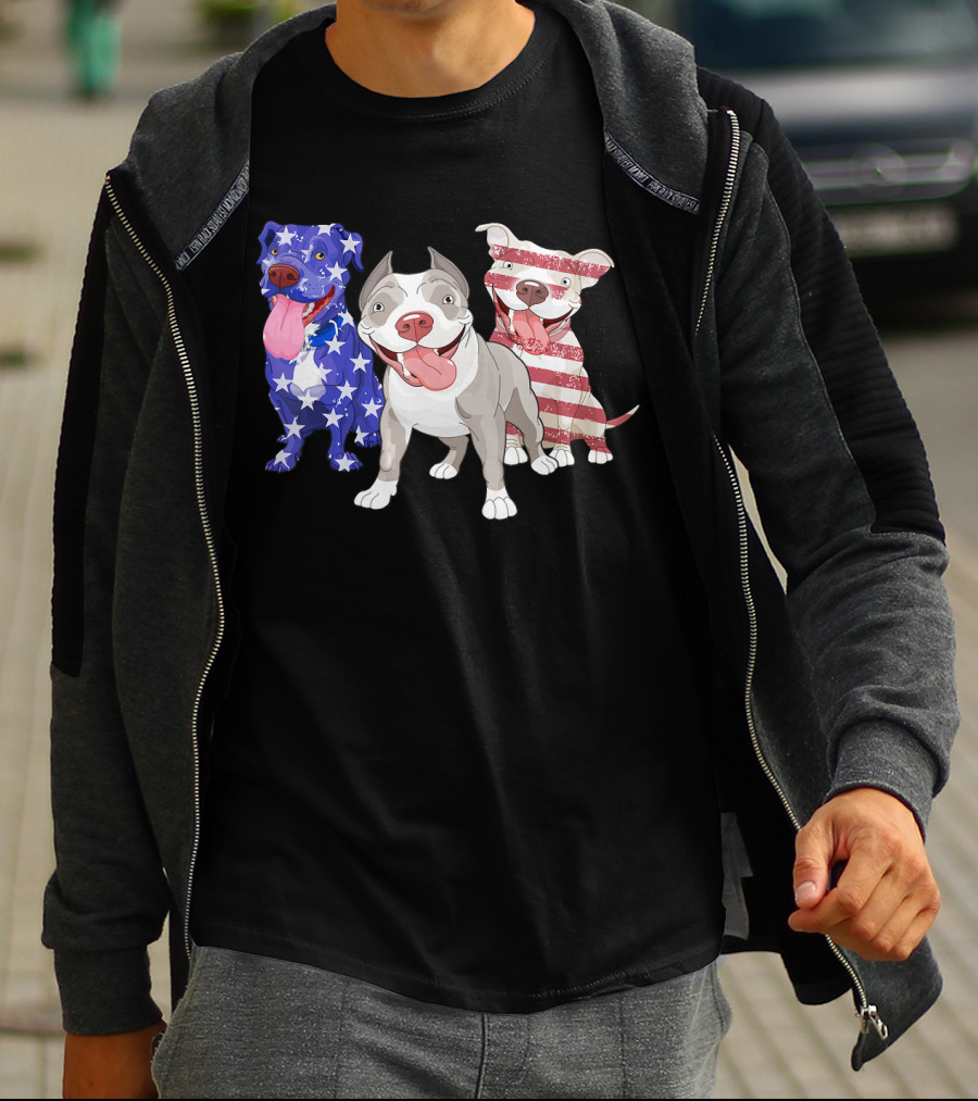 Three Pitbulls American Flag July T-Shirt