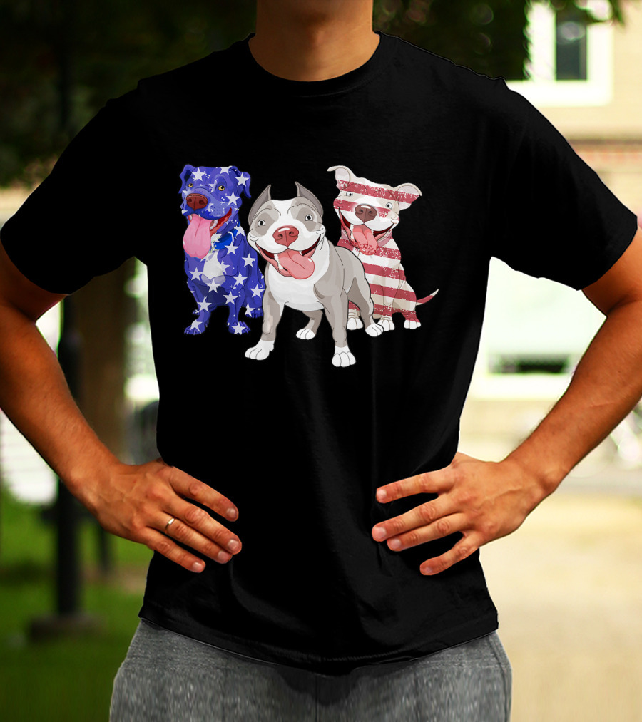 Three Pitbulls American Flag July T-Shirt