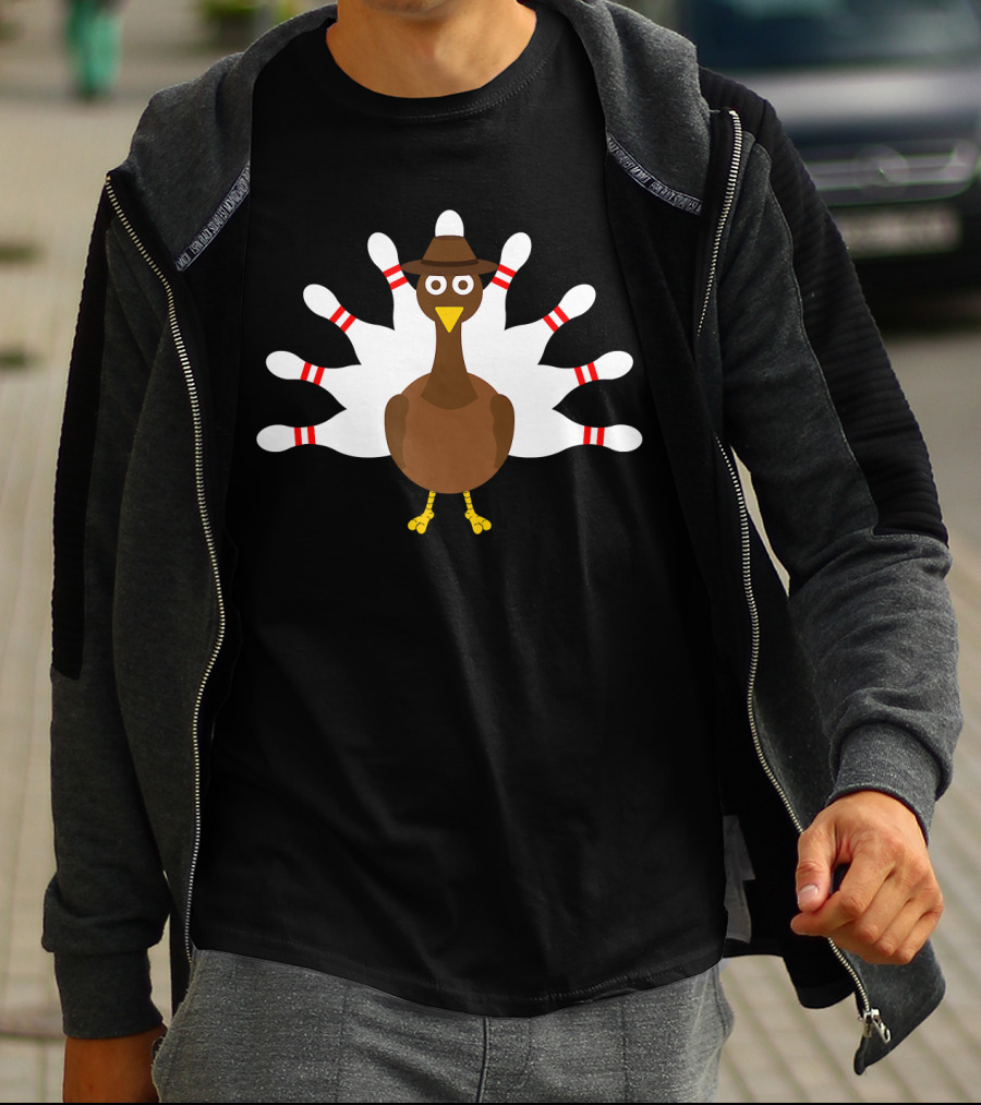 Turkey Bowling Bowler With Hat And Pin Feathers T-Shirt