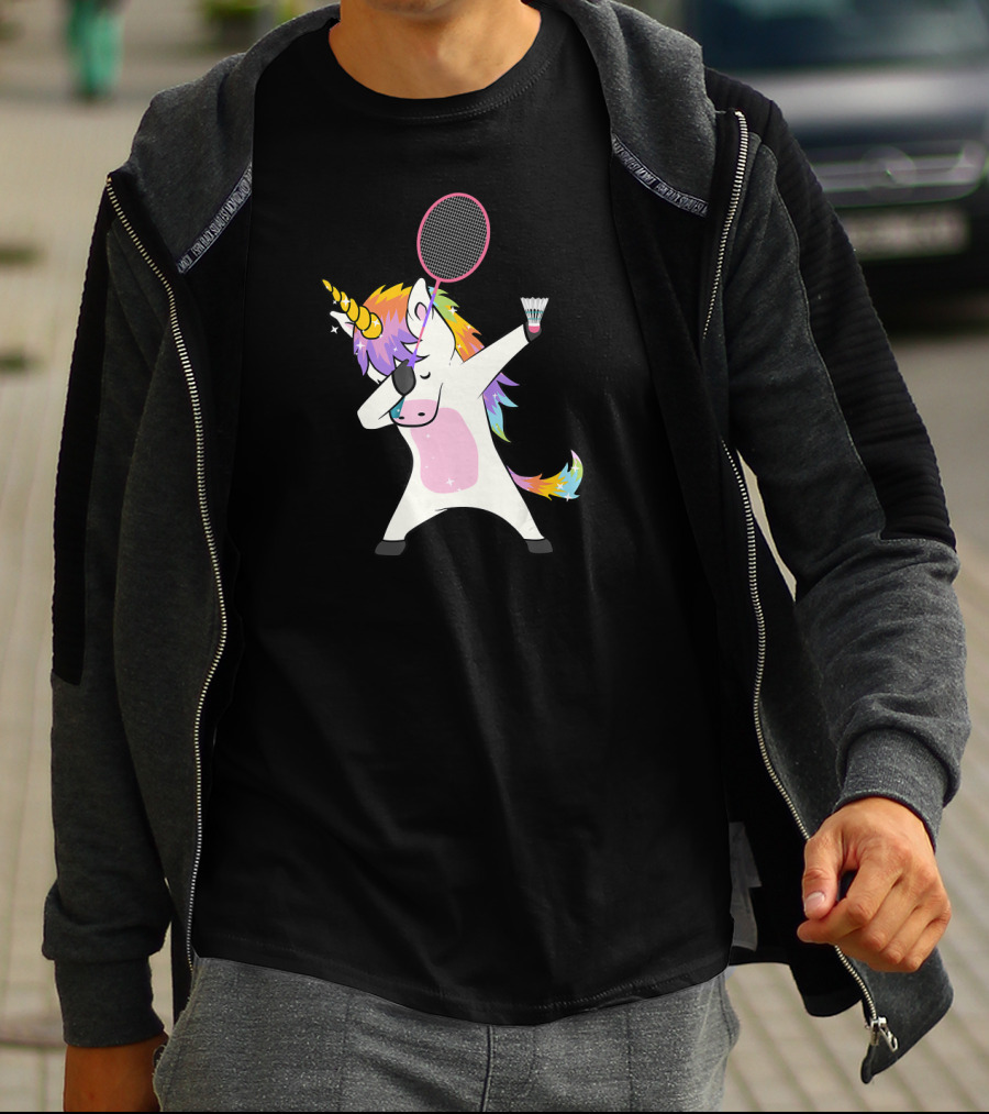 Unicorn Dabbing With Badminton Racket And Shuttlecock T-Shirt