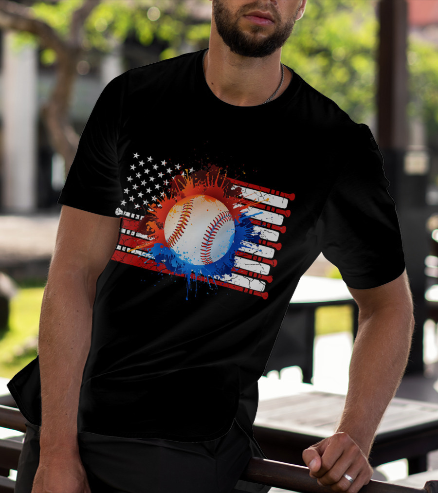 Vintage American Flag Baseball Softball With Paint Splatter And Bat Stripes T-Shirt