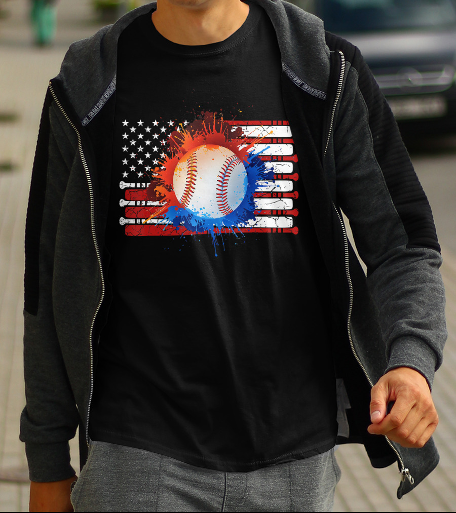 Vintage American Flag Baseball Softball With Paint Splatter And Bat Stripes T-Shirt