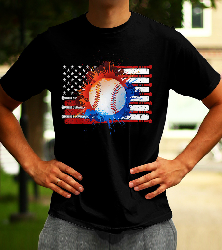 Vintage American Flag Baseball Softball With Paint Splatter And Bat Stripes T-Shirt