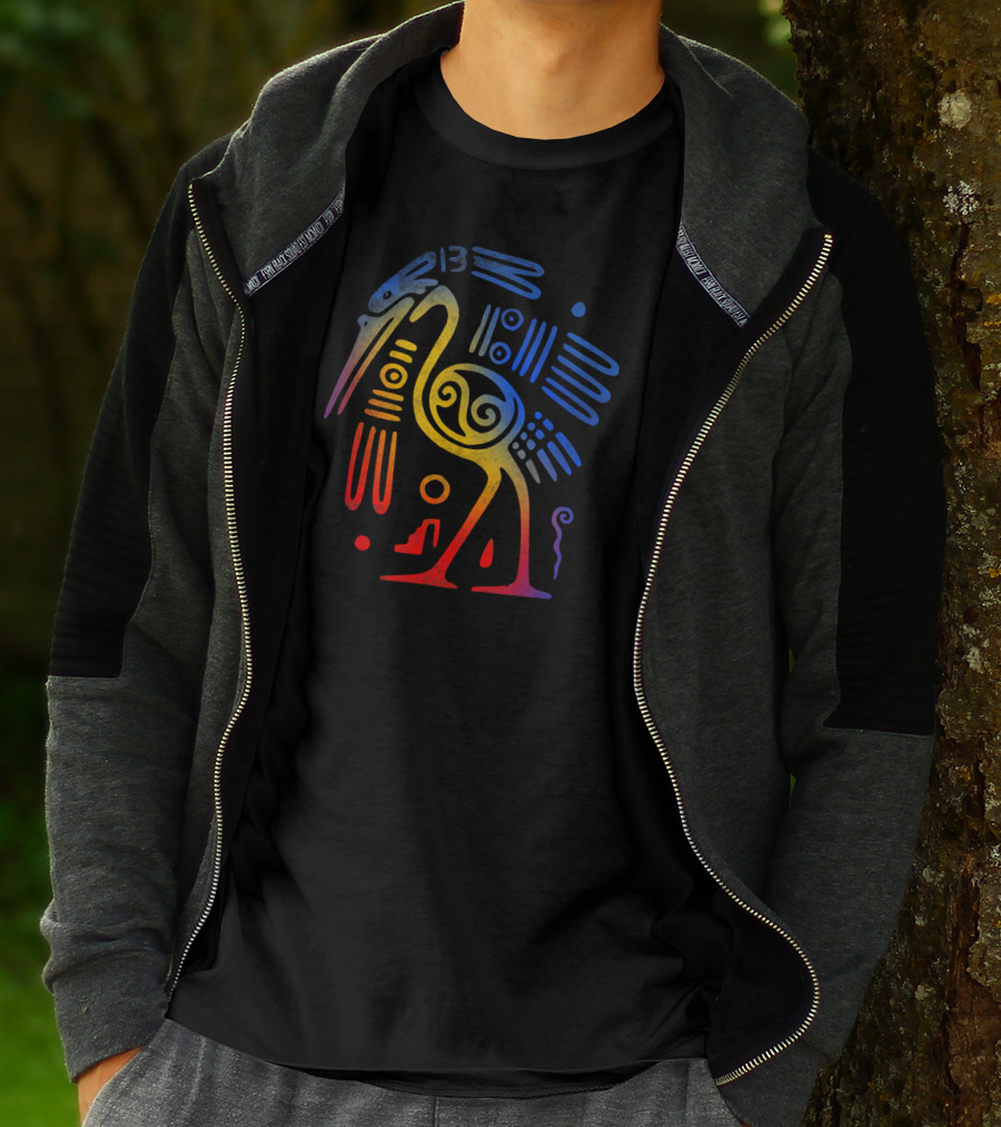 Vintage Aztec Bird Drawing With Temple Arch Elements T-Shirt