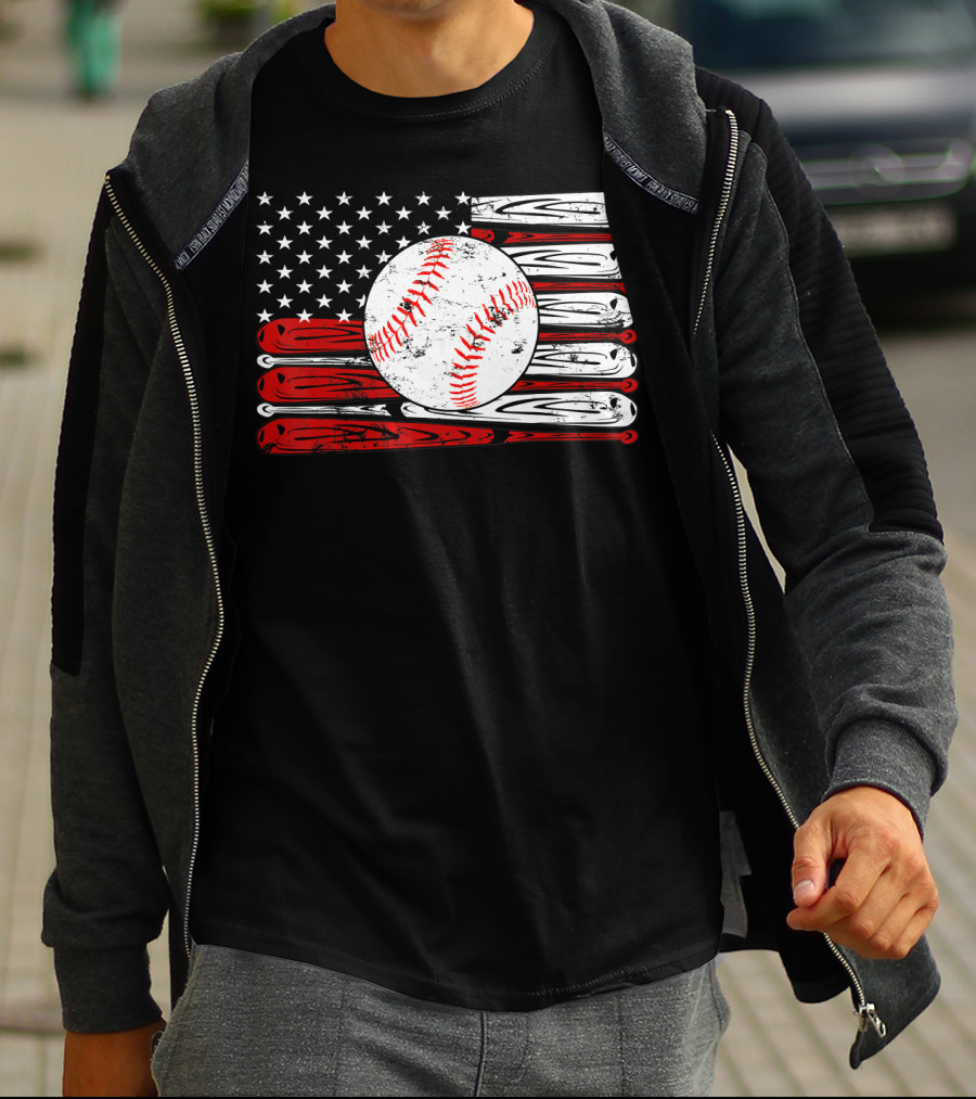 American Flag Vintage Baseball Bat Sports T-Shirt