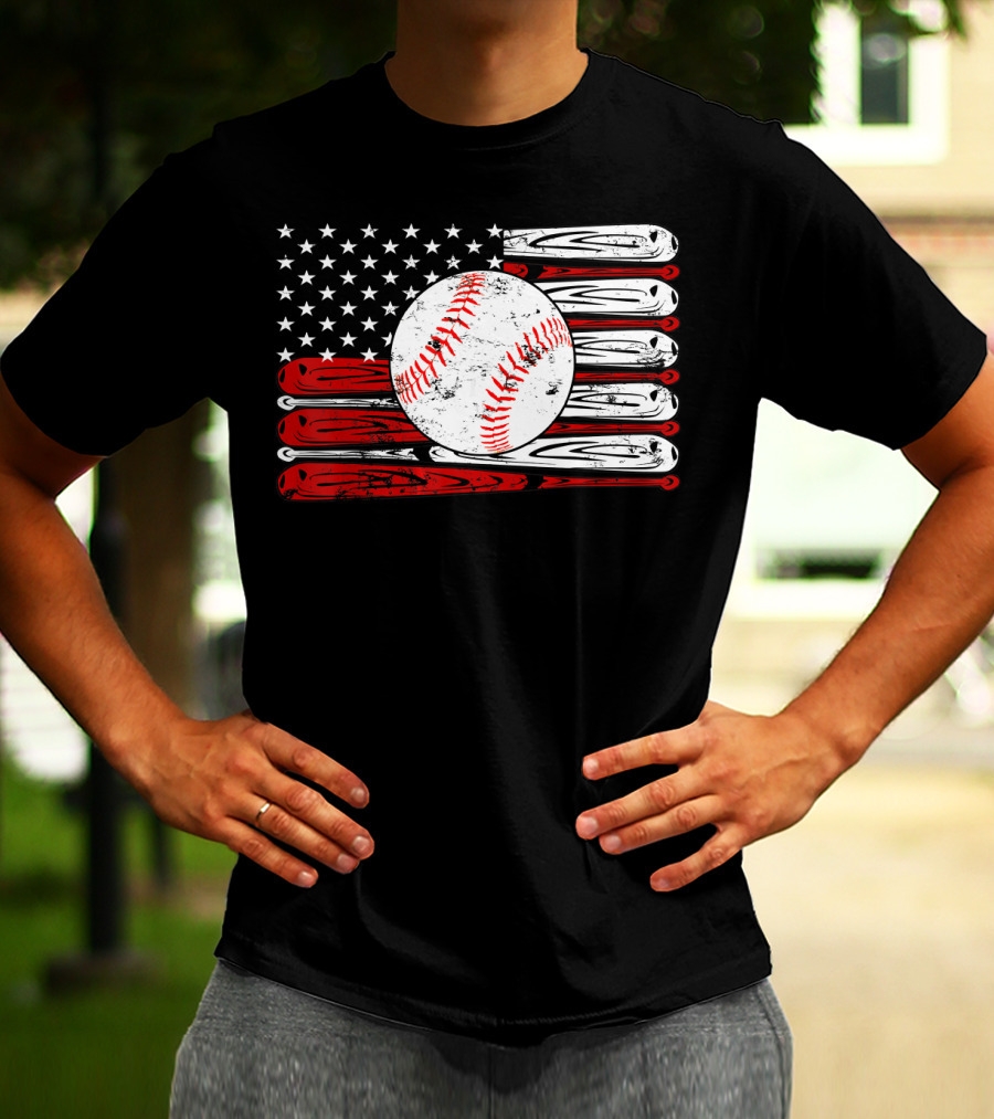 American Flag Vintage Baseball Bat Sports T-Shirt