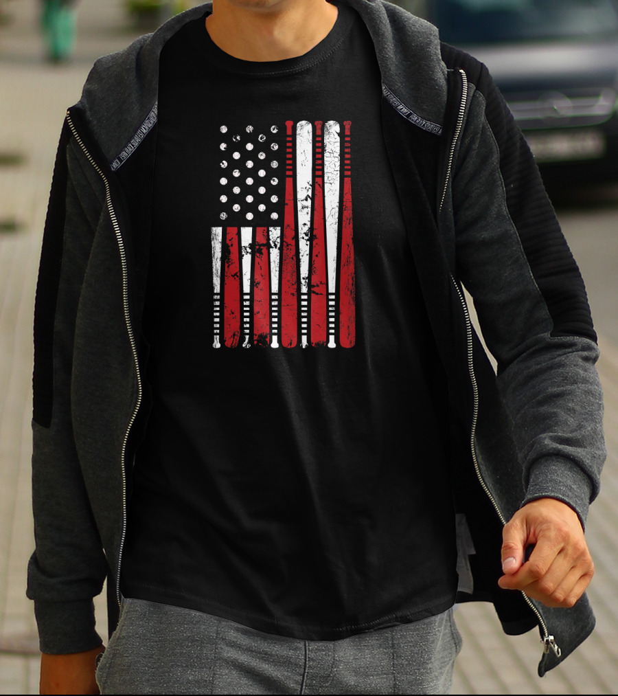 Vintage Baseball Bat Stars And Stripes USA Flag T-Shirt