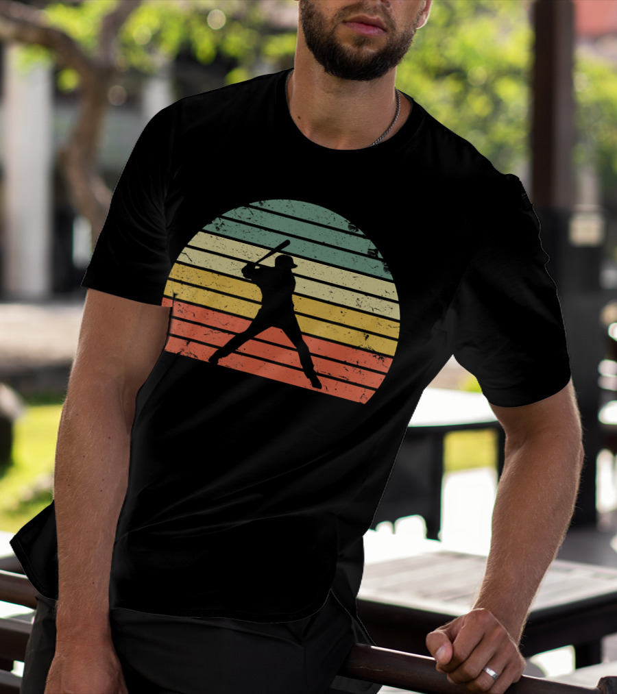 Vintage Baseball Batter Silhouette Retro Sunset Stripes T-Shirt