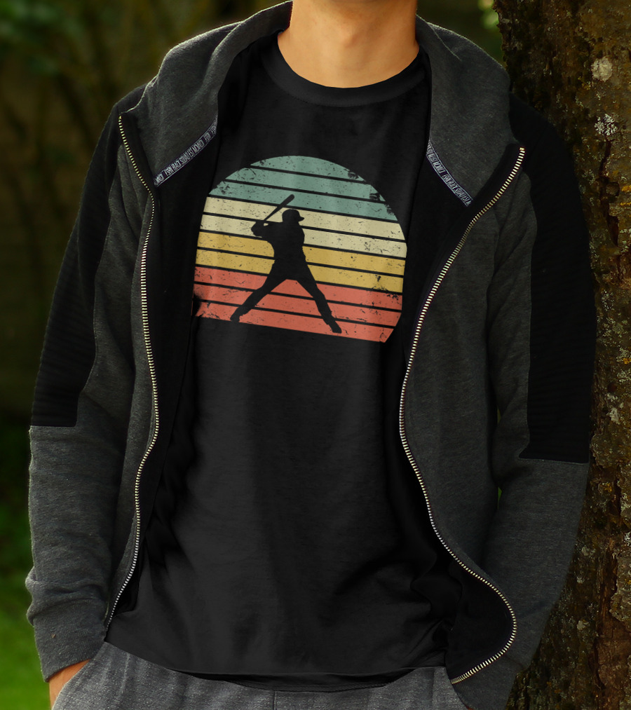 Vintage Baseball Batter Silhouette Retro Sunset Stripes T-Shirt