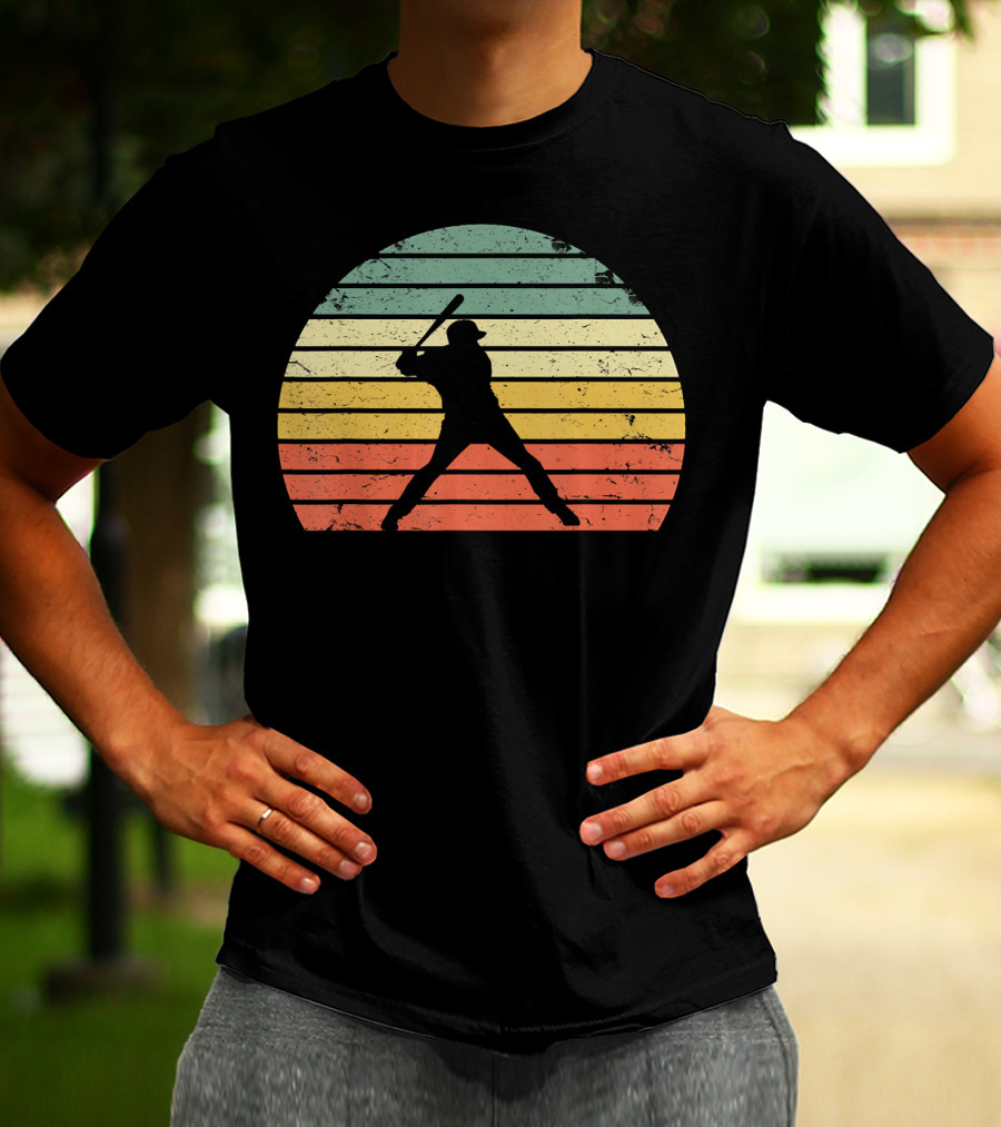 Vintage Baseball Batter Silhouette Retro Sunset Stripes T-Shirt