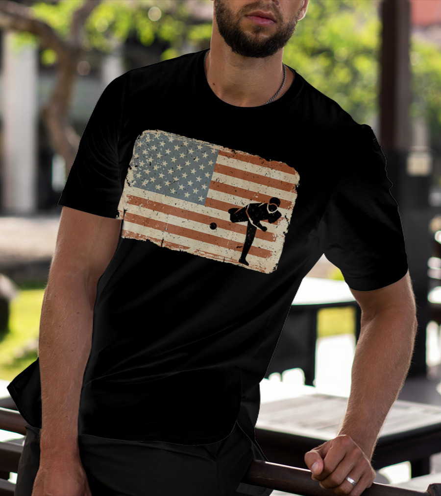 Vintage Baseball Pitcher Silhouette With American Flag Background T-Shirt