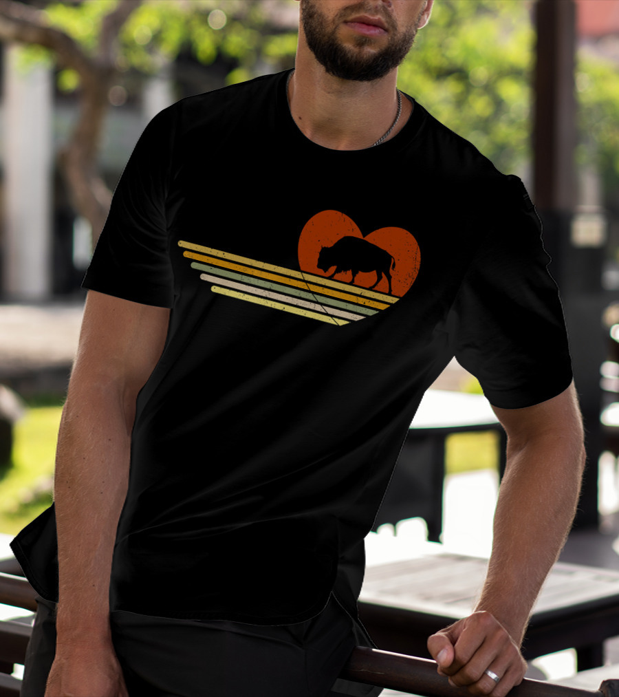 Vintage Bison Heart Retro Sunset Stripes T-Shirt