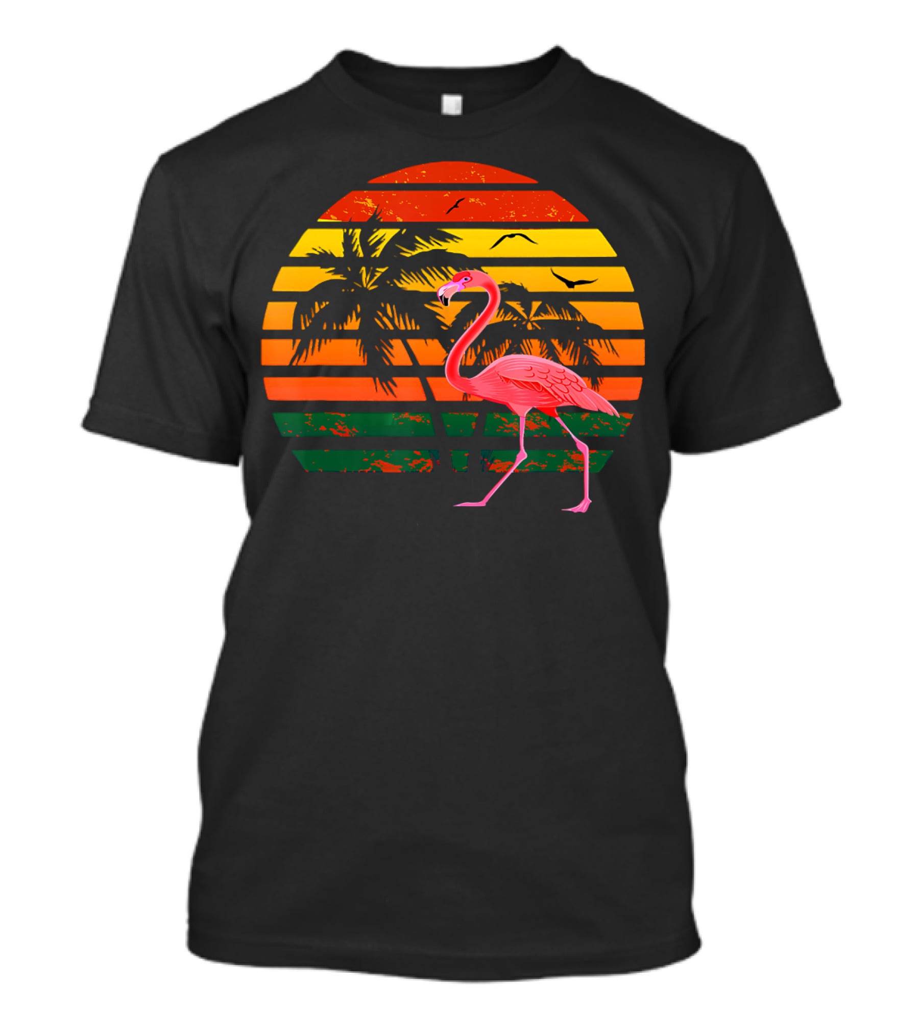 Vintage Flamingo Bird Tropical Sunset With Palm Trees And Birds T-Shirt