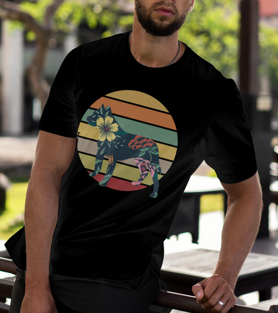 Vintage Floral Pitbull Silhouette Sunset Stripes T-Shirt