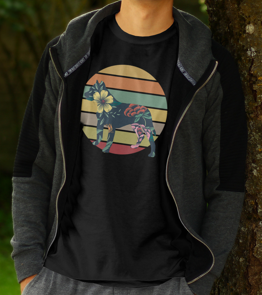 Vintage Floral Pitbull Silhouette Sunset Stripes T-Shirt