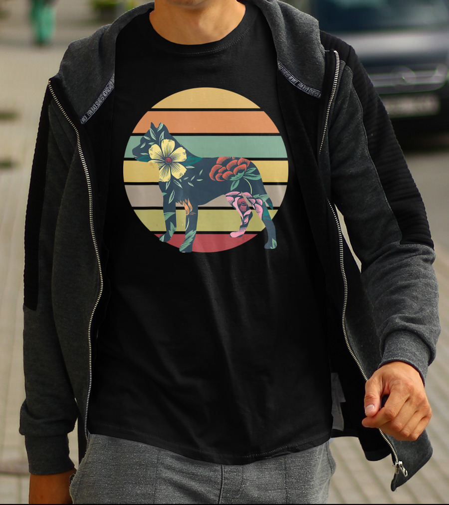 Vintage Floral Pitbull Silhouette Sunset Stripes T-Shirt