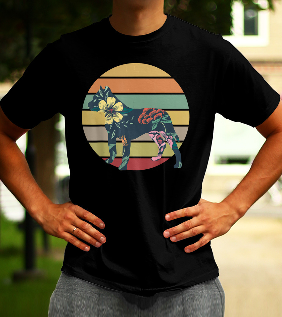 Vintage Floral Pitbull Silhouette Sunset Stripes T-Shirt