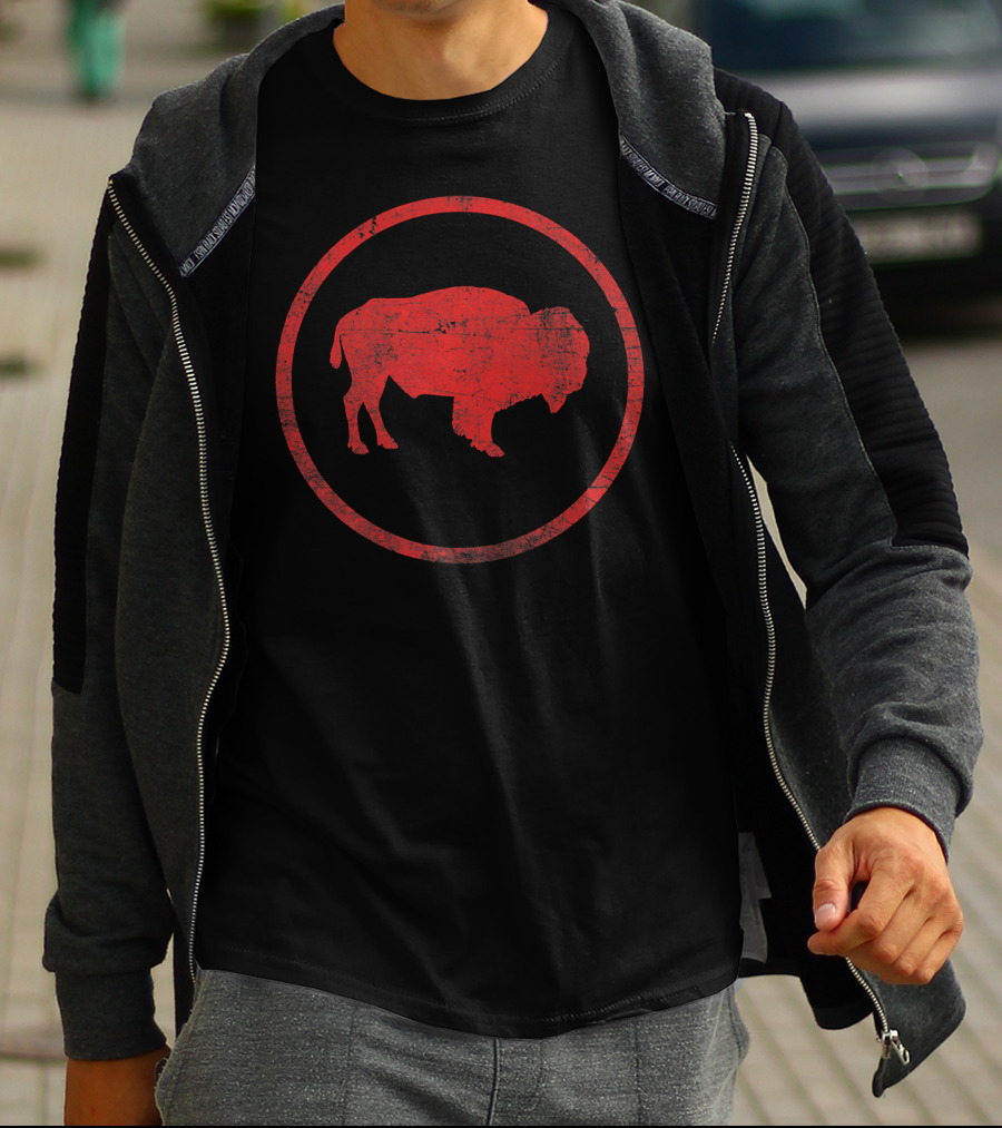 Vintage Distressed Red Bison American Buffalo Circle Emblem T-Shirt