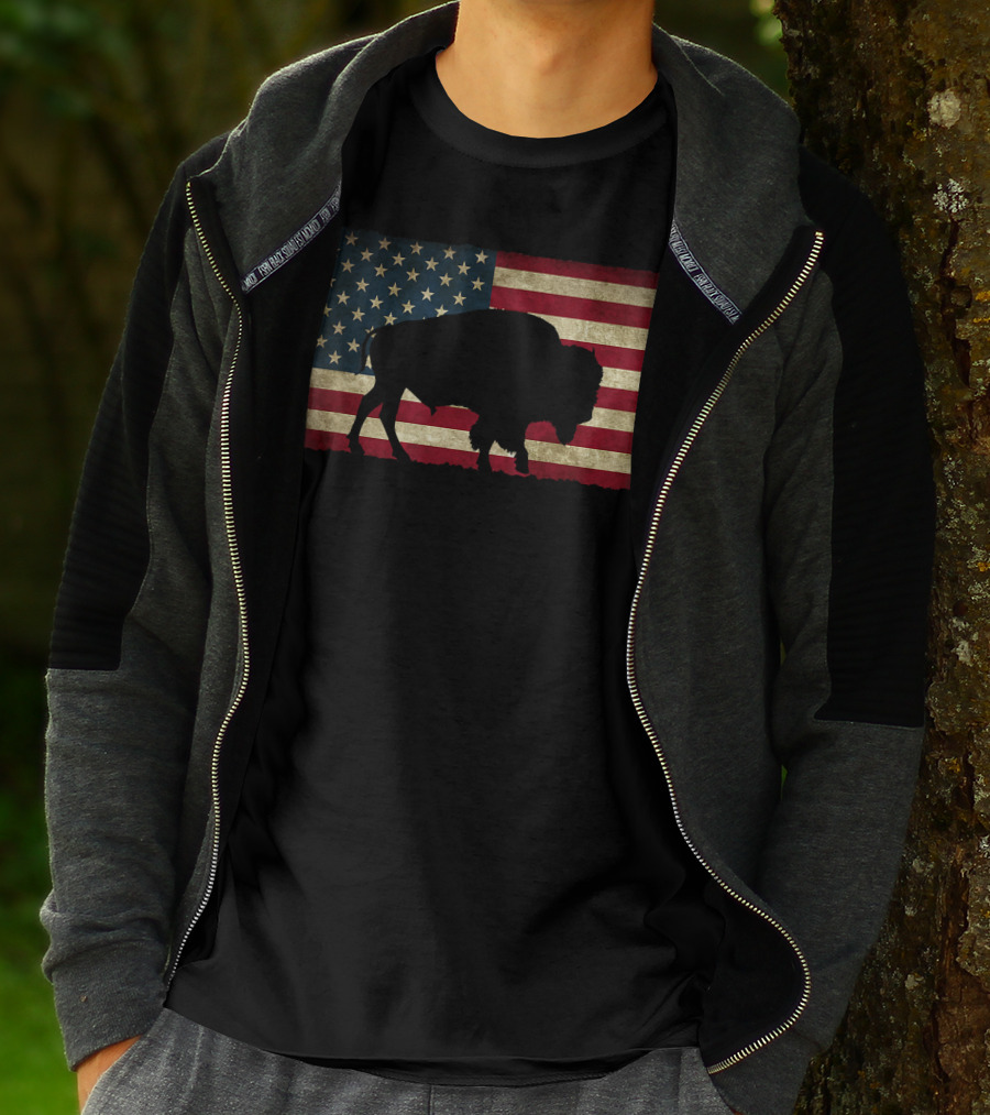 Vintage Buffalo Silhouette Over American Flag USA T-Shirt