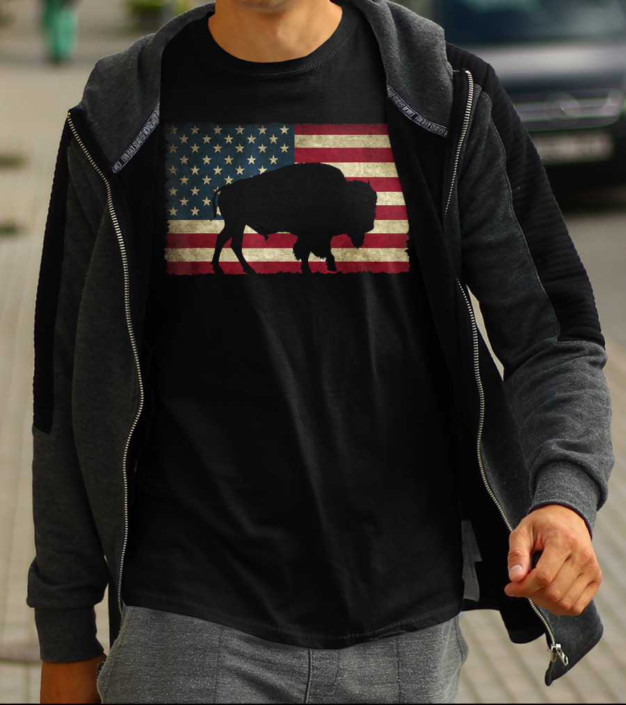 Vintage Buffalo Silhouette Over American Flag USA T-Shirt