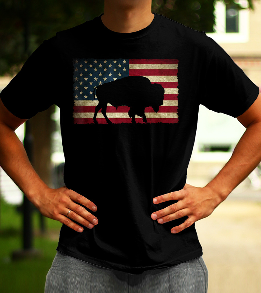 Vintage Buffalo Silhouette Over American Flag USA T-Shirt