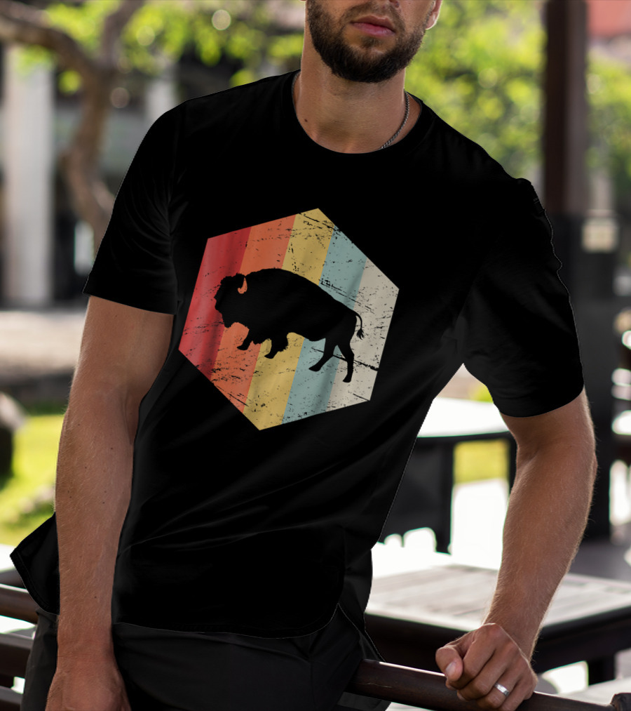 Vintage Buffalo Silhouette Retro Stripes Hexagon T-Shirt