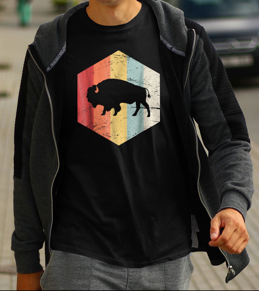 Vintage Buffalo Silhouette Retro Stripes Hexagon T-Shirt