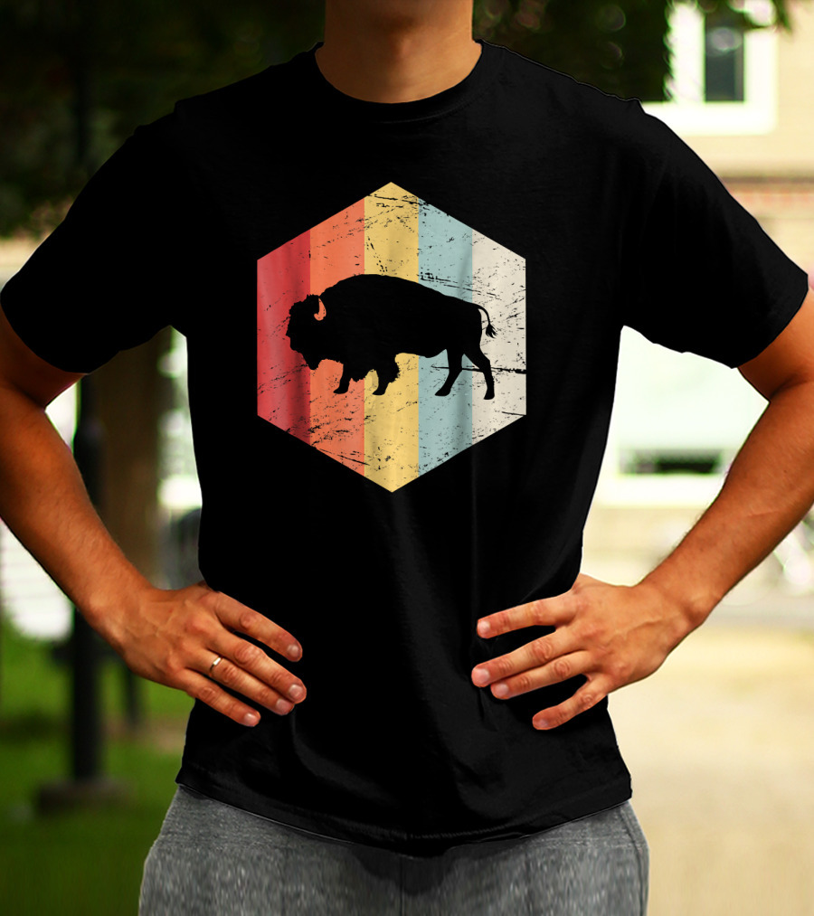Vintage Buffalo Silhouette Retro Stripes Hexagon T-Shirt