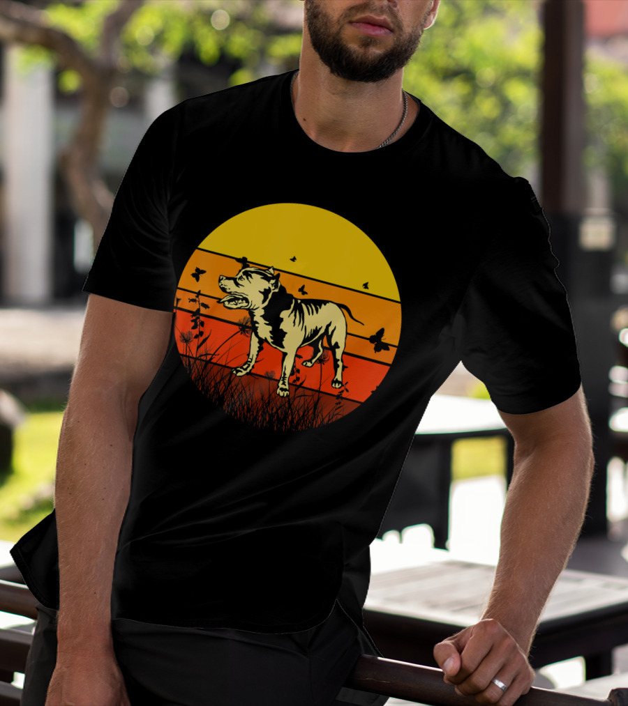 Vintage Pitbull Sun Animal With Butterflies And Birds T-Shirt