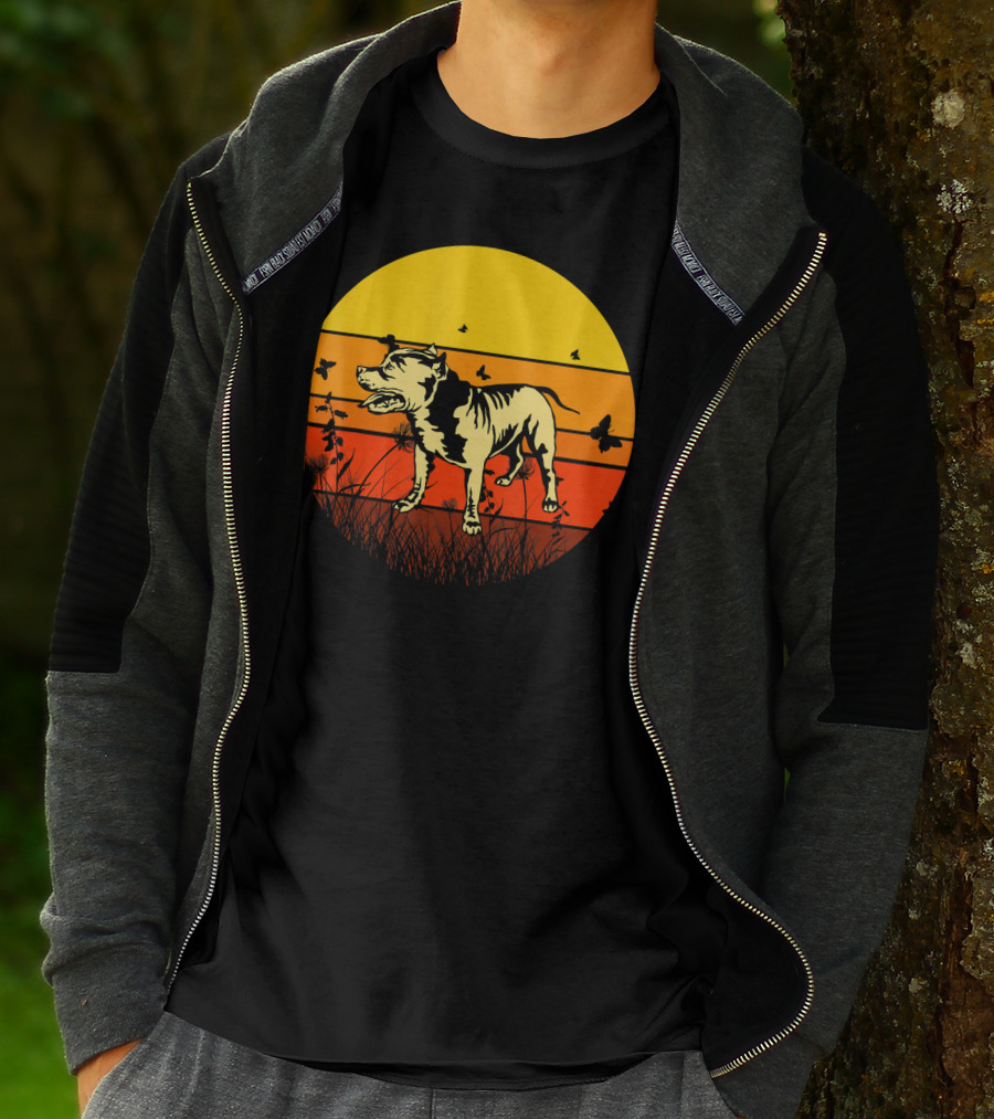 Vintage Pitbull Sun Animal With Butterflies And Birds T-Shirt