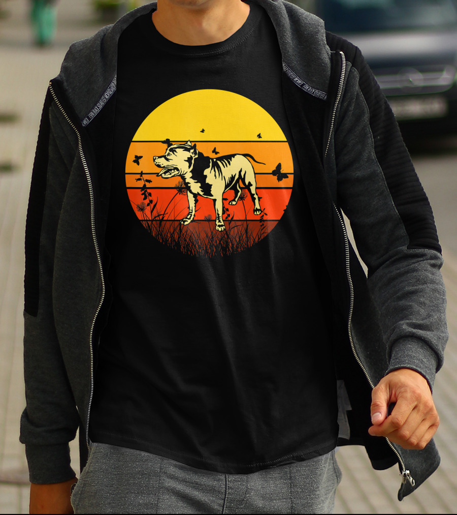 Vintage Pitbull Sun Animal With Butterflies And Birds T-Shirt