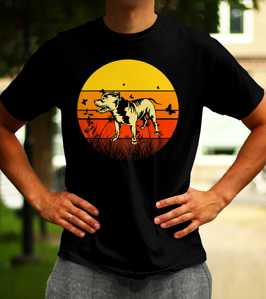 Vintage Pitbull Sun Animal With Butterflies And Birds T-Shirt