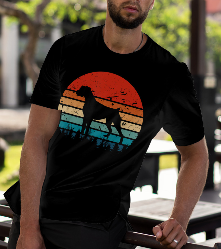 Vintage Boxer Dog Silhouette Retro Sunset Stripes Forest Scene T-Shirt
