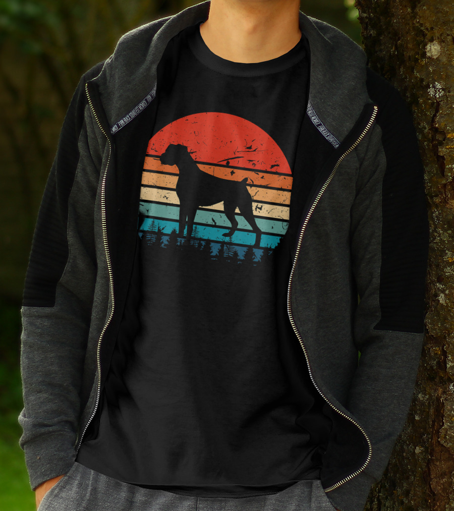 Vintage Boxer Dog Silhouette Retro Sunset Stripes Forest Scene T-Shirt
