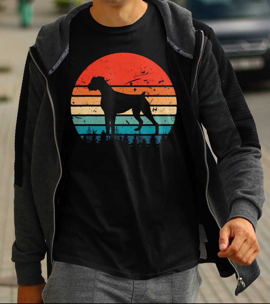Vintage Boxer Dog Silhouette Retro Sunset Stripes Forest Scene T-Shirt