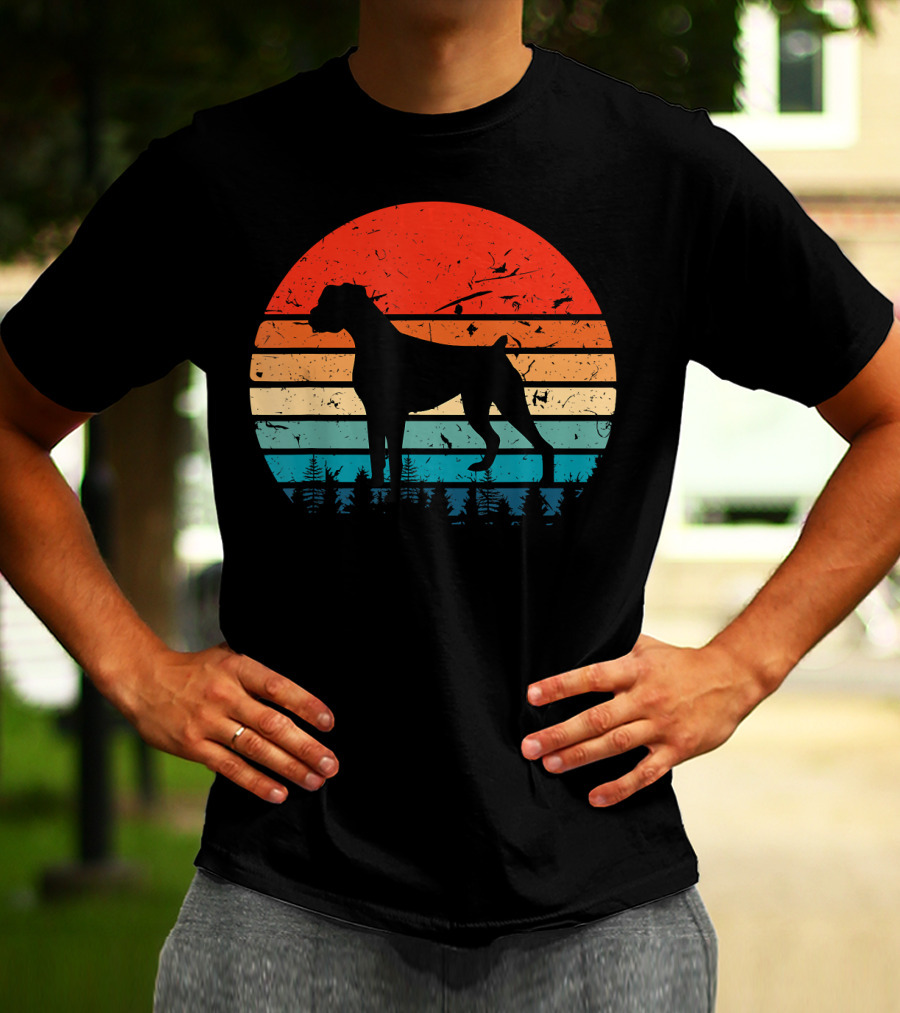 Vintage Boxer Dog Silhouette Retro Sunset Stripes Forest Scene T-Shirt