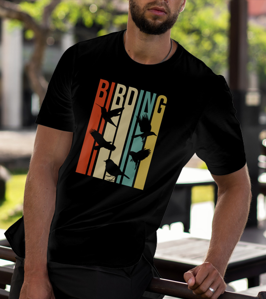 Vintage Style Birding For Birders With Bird Silhouettes On Colorful Stripes T-Shirt