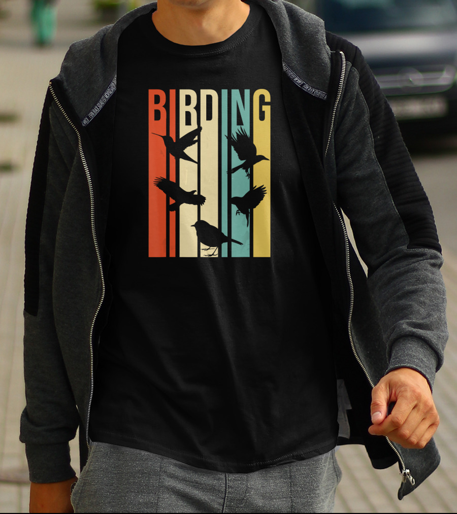 Vintage Style Birding For Birders With Bird Silhouettes On Colorful Stripes T-Shirt