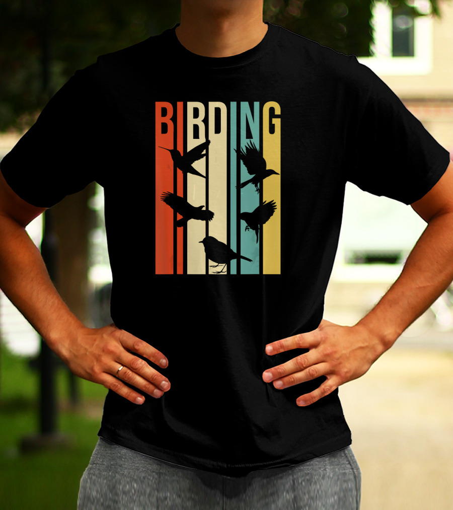 Vintage Style Birding For Birders With Bird Silhouettes On Colorful Stripes T-Shirt