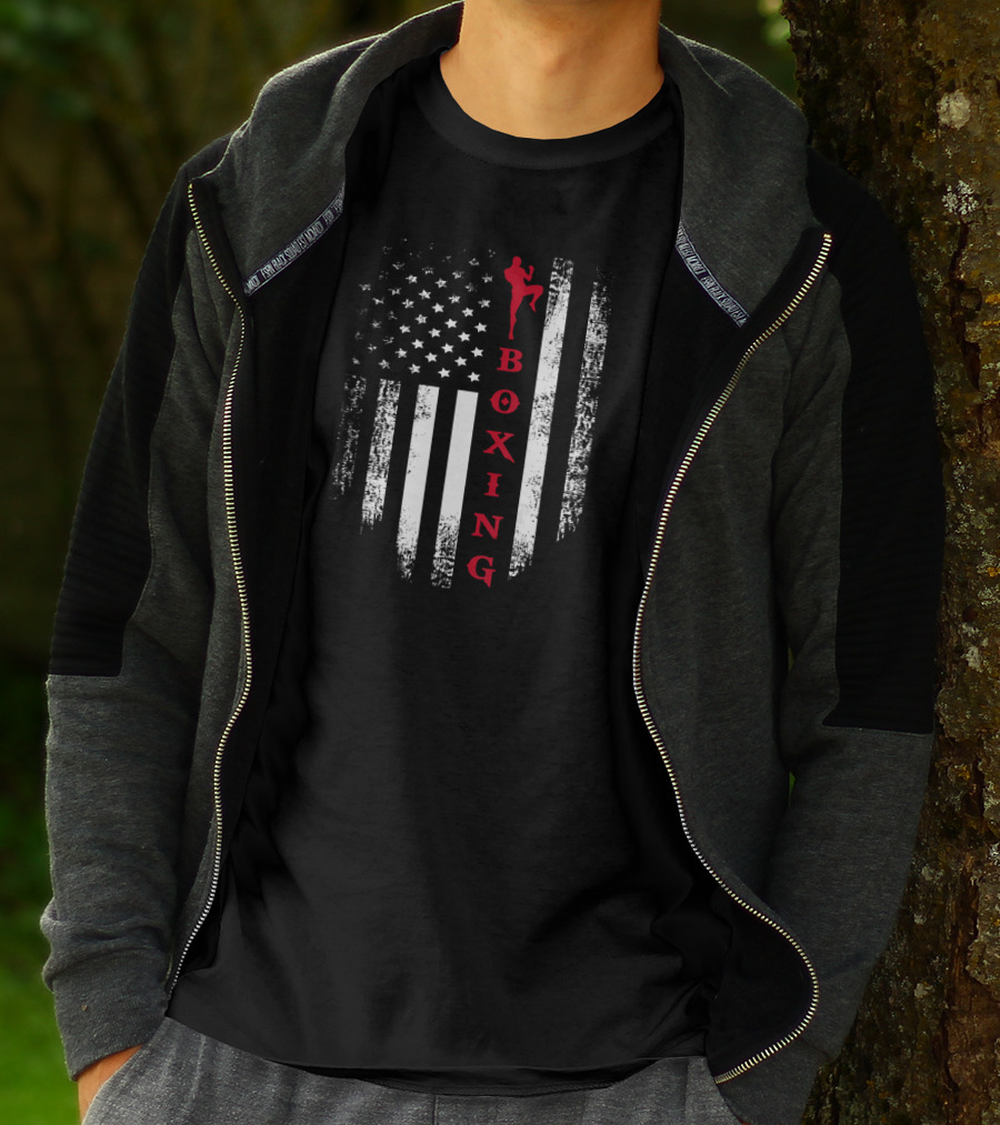 Vintage USA Flag Black And White With Red Boxing Kick Martial Arts T-Shirt