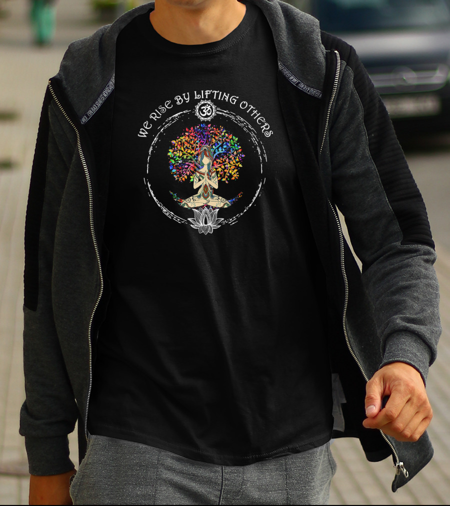 We Rise By Lifting Others Om Symbol Meditation Lotus Tree T-Shirt