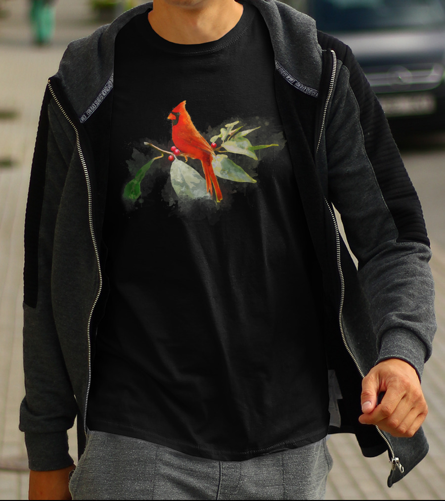 Wild Red Cardinal Bird On Berry Branch T-Shirt