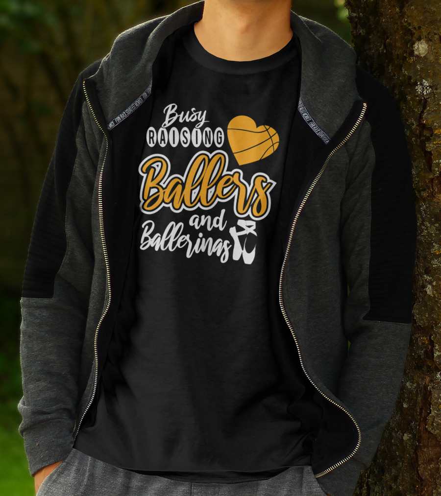 Busy Raising Ballers And Ballerinas Basketball Heart Ballet Shoes T-Shirt