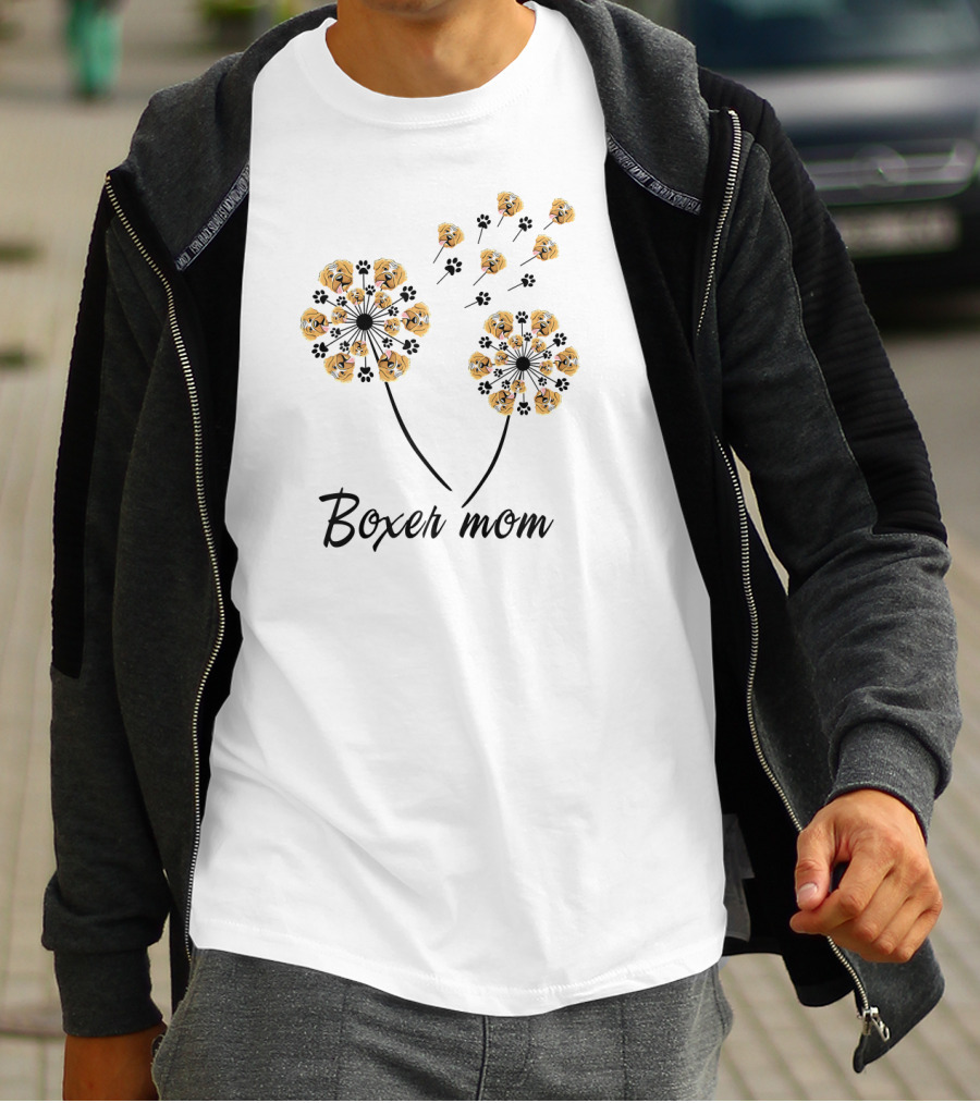 Boxer Mom Dandelion Paw Print Dog Faces T-Shirt