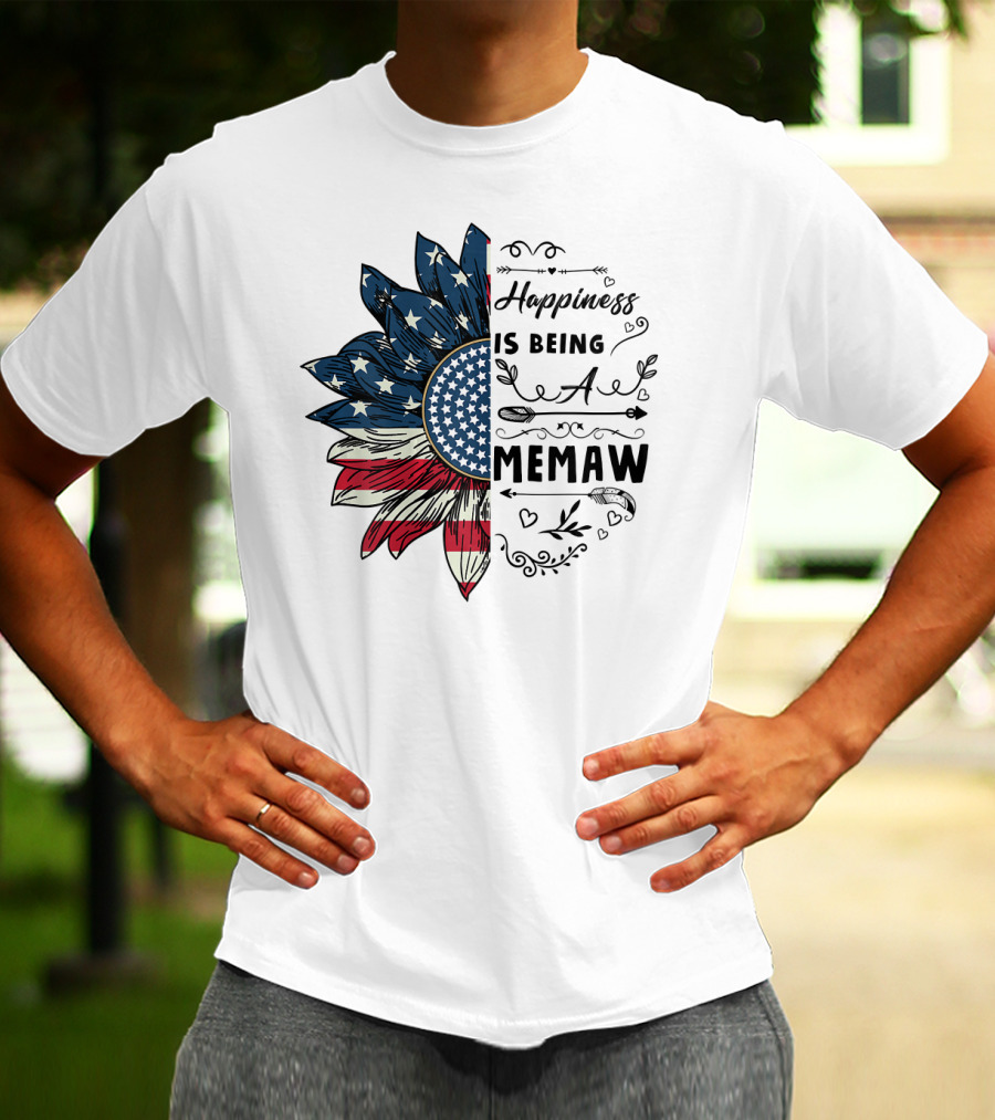 Happiness Is Being A Memaw Sunflower American Flag T-Shirt