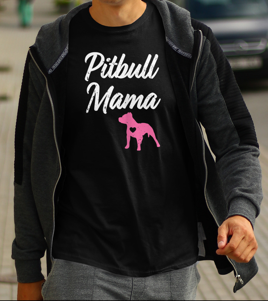 Pitbull Mama Funny Womens Pit With Pink Heart Dog T-Shirt