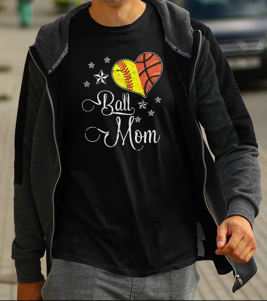 Proud Softball Basketball Ball Mom Star Heart T-Shirt