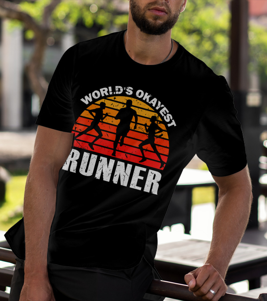 World's Okayest Runner Sunset Silhouette Sprinting Marathon T-Shirt